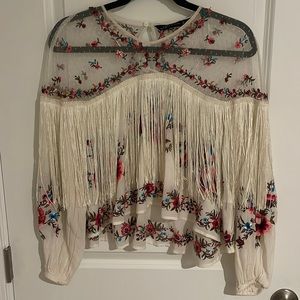 Zara cream long sleeved top, with floral embroidery and tassels
